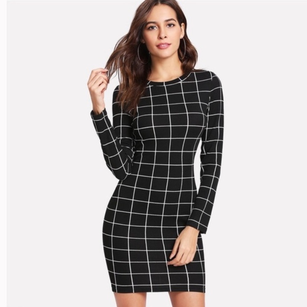 SHEIN Plaid Body Con Long Sleeve Mini dress, S